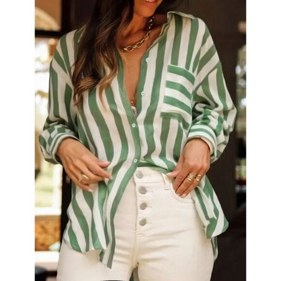 Shein Women's Color Block Stripe Print Long Sleeve Shirt in Green/White- Size XL - Picture 1 of 6